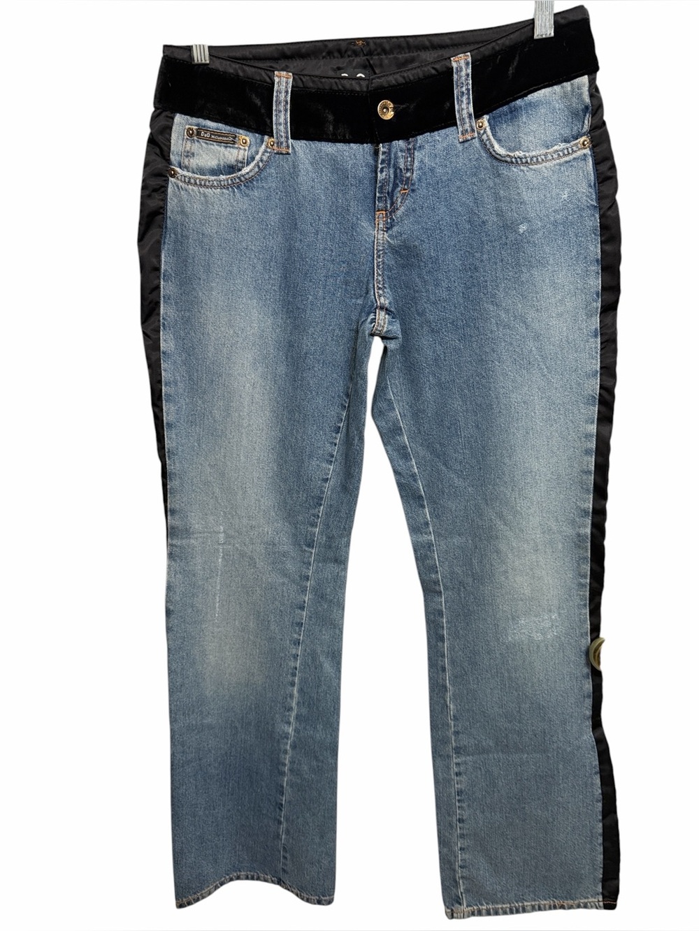 DOLCE & GABBANA Size 30 flare jeans velvet waistband satin tuxedo stripe